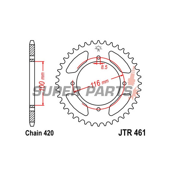 Заден пиньон -JT- JTR461,52, 52 зъба, стоманен, Kawasaki KX 100 1988-2020, KX 80 1986-2000, KX 85 2001-2004, 2006, 2008, 2010-2020, Suzuki RM 100 2003