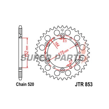 Заден пиньон -JT- JTR853,43, 43 зъба, стоманен, Kreideler 170 170 2004-2006, Yamaha DT 200 1989-1995, IT 200 1984-1986, SR 500 1991-1999, TT 250 1989-2004, TT 350 1986-1992, TT 600 1983-1992, 1996-2003, TT-R 250 1999-2006, WR 125/400 1998