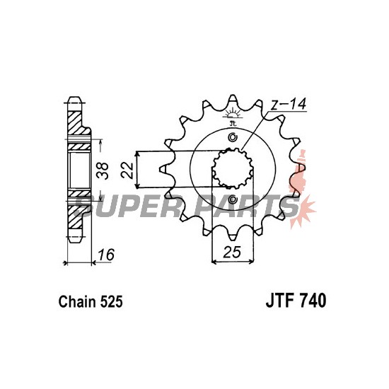 Преден пиньон -JT- JTF740,16, 16 зъба, Ducati Hypermotard 796 2010-2011, Monster 796/800 2012-2015, Monster 916 2001-2003, Monster 996 2004-2006, Multistrada 950 2019, ST4S 996 2002-2005