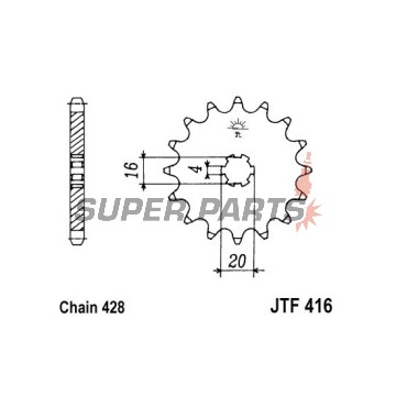 Преден пиньон -JT- JTF416,15, 15 зъба, Suzuki RM 80 1997-2001, RM 85 2002-2018, Yamaha DT 175 1978-1981, RD 125 1976-1977, RS 125 1976, YZ 80 1984, 1993-2001