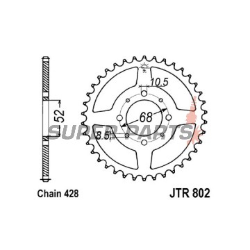 Заден пиньон -JT- JTR802,50, 50 зъба, стоманен, Kawasaki KC 100 1980, KE 100 1979, 1992-1999, 2001, KH 100 1978, KM 100 1976-1978, Suzuki A 100 1977-1980, A 80 1974-1976, DS 80 1978-1979, 1982-2000, FL 125 2007-2010, GP 100 1978
