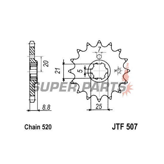 Преден пиньон -JT- JTF507,15, 15 зъба, Cagiva WMX 250 1989-1992, Husqvarna CR 250 1990-1997, CR 360 1992-1994, WR 250 1990-1998, WR 360 1992-2002, Kawasaki KDX 250 1982-1985, KX 250 1979-1986, KX 420 1980, KX 500 1983-1986