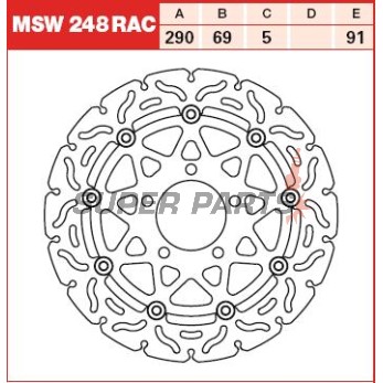 Спирачен диск -TRW- MSW248RAC, 290mm, Suzuki GSF 650/650S/650A Bandit (2005-2006) / GSX 750F (2003-2006) / M 1500 Intruder (2009-2012) / SV 650/650S (2003-2009) / VLR 1800R/1800RT Intruder (2008-2013) / VZ 1500 Intruder (2009-2013)