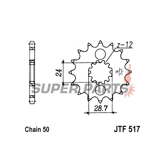 Преден пиньон -JT- JTF517,15, 15 зъба, Kawasaki GPZ 750 1985-1988, GPZ 900 1984-1994, ZR 1100 1992-1997, ZX 1100 1993-2001, ZX-12R 1200 2000-2005, ZX-14R 1400 2006-2020, ZZR 1100 1993-2001, ZZR 1200 2002-2005, ZZR 1400 2006-2019