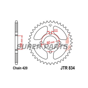 Заден пиньон -JT- JTR834,48, 48 зъба, стоманен, Yamaha BW 80 1986-1988, 1990, PW 80 1983-2010, RD 50/80 1982-1984, RT 100 1990-2000, TT-R 110 2008-2020, TT-R 50 2006-2020, TT-R 90 2000-2008, YB 100 1980-1994