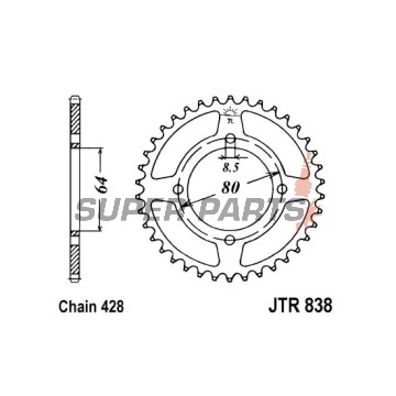 Заден пиньон -JT- JTR838,42, 42 зъба, стоманен, Yamaha DT 100 1976-1980, DT 125 1988, RD 125 1974-1976, RS 100 1976-1979, RSX 100 1995, T 105 1997-1998, YB 100 1978-1981, YBA 125 2007-2009, YBR 125 2005-2016