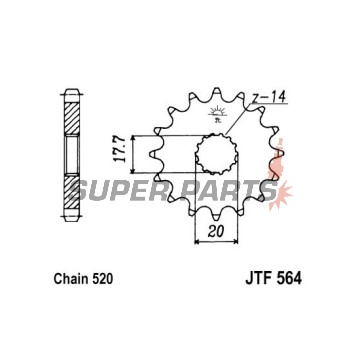 Преден пиньон -JT- JTF564,15, 15 зъба, Gas Gas EC 125 2003-2015, Yamaha DT 200 1989-1995, WR 125 1998, WR 200 1991-1993, XVS 125 2000-2004, YZ 125 1987-2004