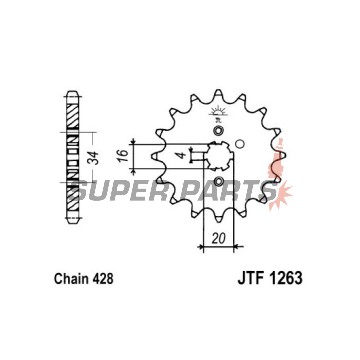 Преден пиньон -JT- JTF1263,17, 17 зъба, Suzuki TF 100/185 1981, TF 125 1979-2011, Yamaha AG 200 1984-2006, FZR 250 1989-1991, RT 180 1990-1998, SR 125 1995-2003, TZR 125 1987-1993, XT 125 2005-2007, XT 225 1992-2007