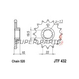 Преден пиньон -JT- JTF432,11, 11 зъба, Betamotor Jonathan 350 2001-2010, Kawasaki KLX 400 2003, Suzuki DR 250 1990-1995, DR 350 1990-1999, DR-Z 400 2000-2017, GSF 250 1995-2000, RM 250 2000-2012, RM-X 250 1989-2001