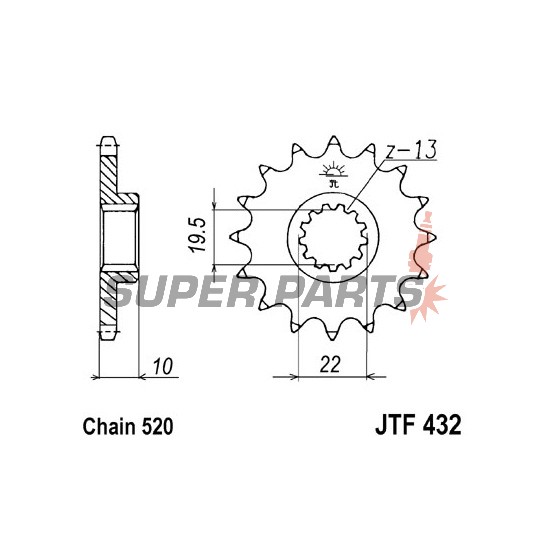 Преден пиньон -JT- JTF432,11, 11 зъба, Betamotor Jonathan 350 2001-2010, Kawasaki KLX 400 2003, Suzuki DR 250 1990-1995, DR 350 1990-1999, DR-Z 400 2000-2017, GSF 250 1995-2000, RM 250 2000-2012, RM-X 250 1989-2001
