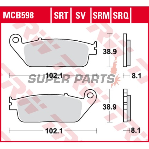 Накладки -TRW- MCB598SV, BMW C 600/650/Evolution, Cagiva Gran Canyon/Navigator, Honda CB/CBF/CBR/Hornet/Forza/Shadow, Kawasaki J/Z/KLE, Kymco Downtown/Xciting, Suzuki Burgman/Bandit, Triumph Bonneville/Tiger, Yamaha MT-01/WR - 1987-2022