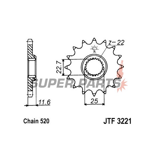 Преден пиньон -JT- JTF3221,12, 12 зъба, Polaris Big Boss 250 1989, 1991-1992, Magnum 425 1995-1998, Scrambler 400 1995-1999, Sport 400 1994-1995, Sportsman 350 1993, Trail Blazer 250 1995-1999, Trail Boss 250 1987-1992