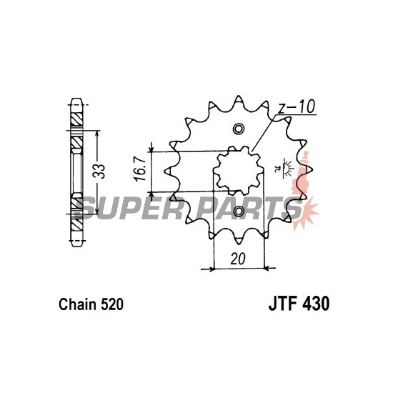 Преден пиньон -JT- JTF430,15, 15 зъба, Kawasaki KX 250 2004-2005, Suzuki GS 300 1982-1985, GSX 250 1982-1983, GT 250 1979-1985, RM-Z 250 2004-2006