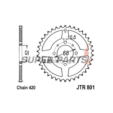 Заден пиньон -JT- JTR801,52, 52 зъба, стоманен, Kawasaki AE 50 1982-1983, AE 80 1981-1983, AR 50 1981-1983, AR 80 1982-1983, KLX 110 2002-2020, Z 125 2019-2020, Suzuki DR-Z 110 2003-2005, FM 50 1980-1998, FR 70 1975-1987, GT 50 1977-1980