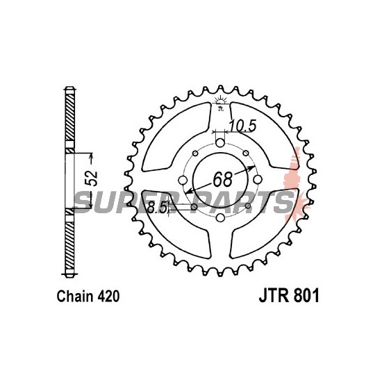 Заден пиньон -JT- JTR801,35, 35 зъба, стоманен, Kawasaki AE 50 1982-1983, AE 80 1981-1983, AR 50 1981-1983, AR 80 1982-1983, KLX 110 2002-2020, Z 125 2019-2020, Suzuki DR-Z 110 2003-2005, FM 50 1980-1998, FR 70 1975-1987, GT 50 1977-1980