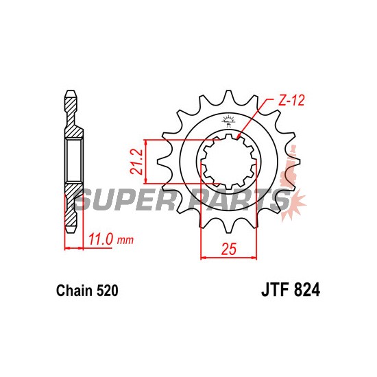 Преден пиньон -JT- JTF824,16, 16 зъба, Husqvarna CR 125/250 2000-2005, SM 450 2005-2010, SM 510 2004-2010, SM 530 2008-2009, SM 570 2001-2004, SM 610 1998-2010, SM 630 2010, SMR 450 2003-2010, SMS 630 2010-2011, TC 250 2002-2008