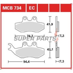 Накладки -TRW- MCB734EC, Aprilia SX/Tuono 50, Beta Alp, CPI GTS, Derbi GP1/Mulhacen/Senda, Gas Gas Pampera, KTM EXC 125, Malaguti Madison, Peugeot Elyseo/Elystar/Satelis, Piaggio Beverly/GT, Yamaha DT/TZR/XT (1999-2018)