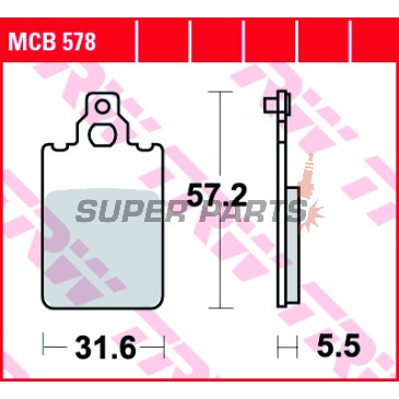 Накладки -TRW- MCB578, Aprilia AF1/RS/RX/SX/Tuono/Tuareg 50, Cagiva Aletta/Elefant/W8 125-200, Derbi GPR 50/75, Fantic Caballero/Koala/Raider, KTM SX 60/65, Malaguti Centro/F15 Firefox 50, Simson Schikra/Sperber 50/125, Yamaha DT 50R