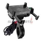Стойка за телефон -4 RIDE- 62-90mm телефон, с USB 3.0 зарядно, анти-вибрационна, захващане за кормило/огледало, черна - универсална