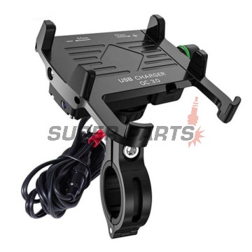 Стойка за телефон -4 RIDE- 62-90mm телефон, с USB 3.0 зарядно, анти-вибрационна, захващане за кормило/огледало, черна - универсална