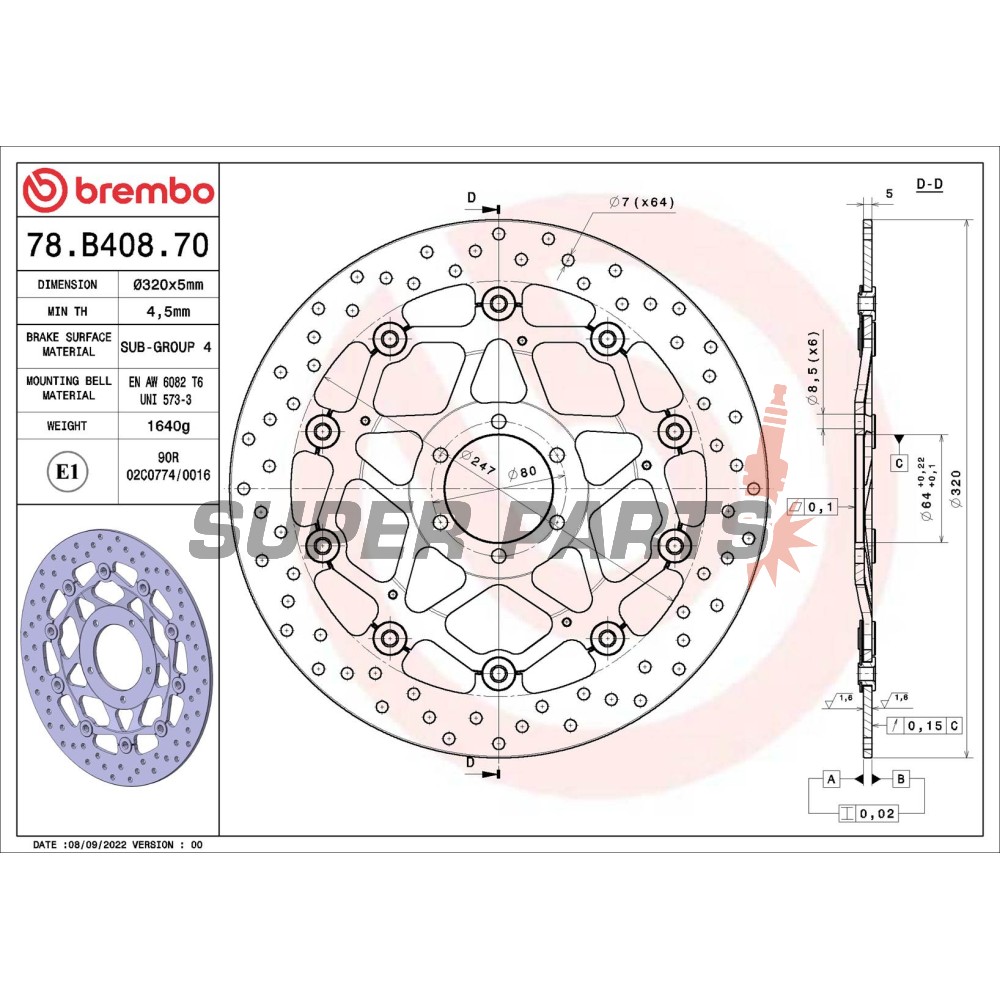 Спирачен диск -BREMBO- 78B40870, Aprilia Mana, RS, RSV, Shiver, Tuono / Benelli TnT, Tornado / Cagiva Mito / Ducati Monster, SS, ST, Sport / KTM Duke, RC8, Super Duke / Moto Guzzi V11 / Yamaha FZR, TDR, XJR (1987-2015)