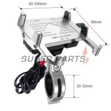 Стойка за телефон -4 RIDE- 62-90mm телефон, с USB 3.0 зарядно, анти-вибрационна, захващане за кормило/огледало, хром - универсална