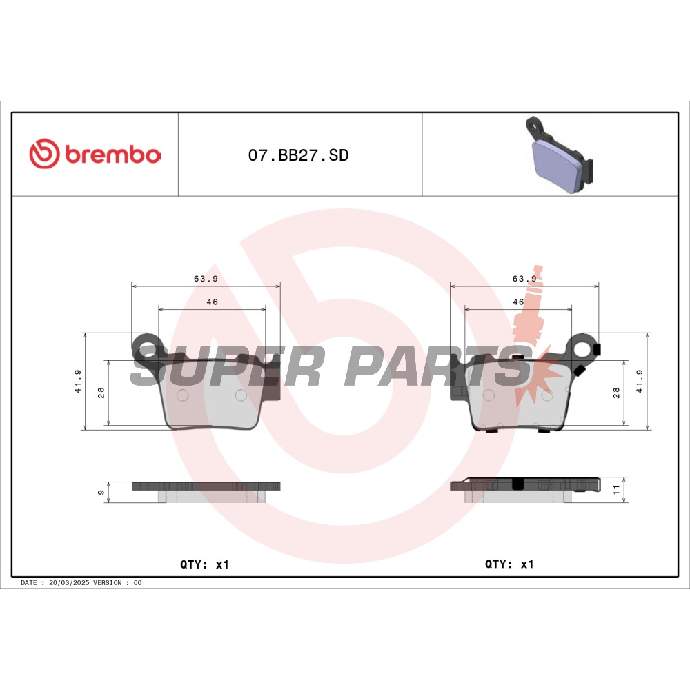 Накладки -BREMBO- 07BB27SD, KTM EXC / EXC-R 450 (2008-2011)