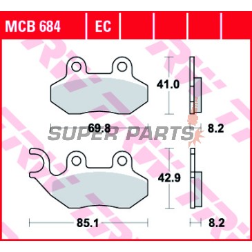 Накладки -TRW- MCB684, Cagiva Passing/Stella 50-125 1993-1997; Garelli Freeland/Joker/KRS 50-150 2002; Honda Dylan 125 2003-2005; Peugeot Tweet 50-150 2010; PGO T.Rex/PM-X/Charge 50-150 1999-2004; SYM Shark/Red Devil/Jungle 50-125 1997-2005