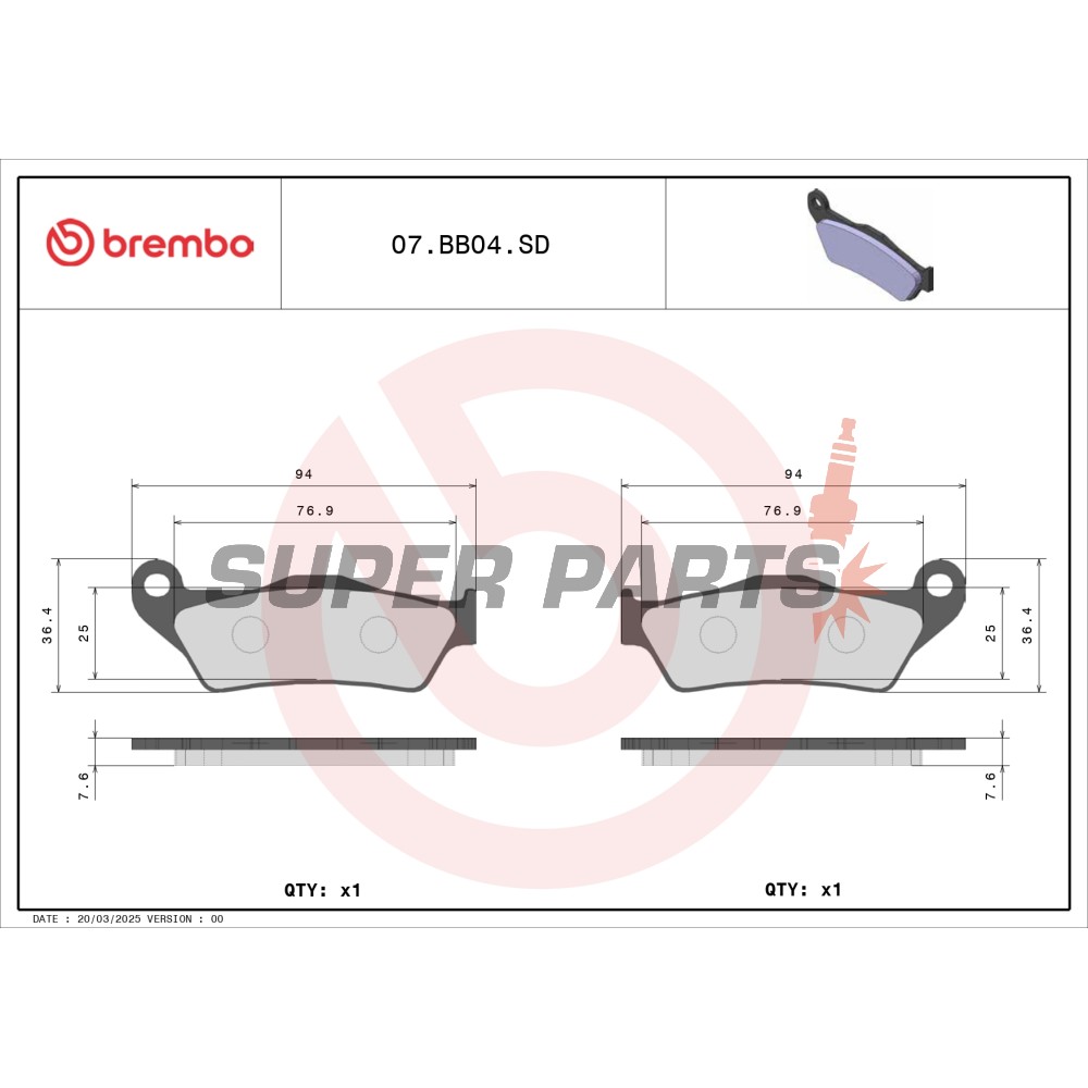 Накладки -BREMBO- 07BB04SD, Aprilia MX 125/Pegaso 650, Ducati Monster 696/800, Multistrada 620, Husqvarna CR/TE/WR 125-610, KTM EXC/SX 125-450, LC4/Adventure 640/950, Gas Gas EC 125-300, Suzuki Burgman 125, Yamaha Majesty 125, TT 600