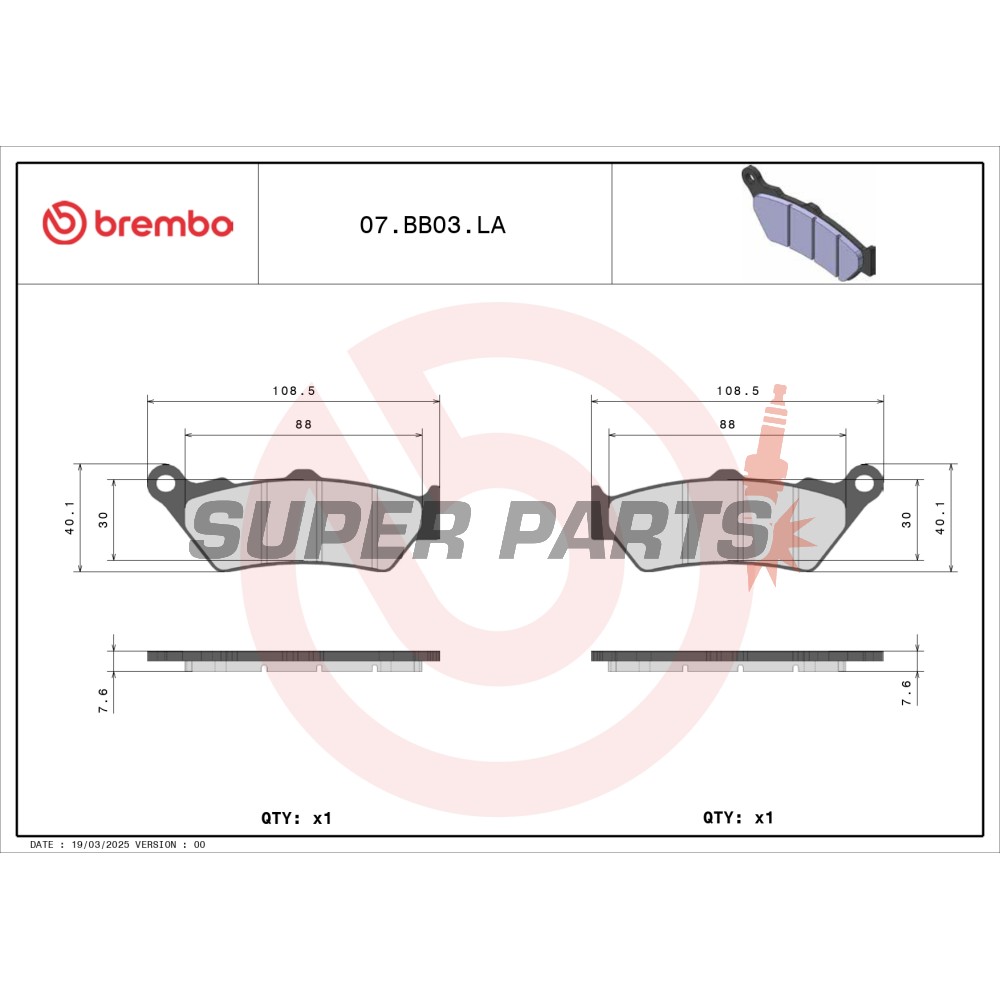 Накладки -BREMBO- 07BB03LA, Aprilia Capo Nord/Pegaso, BMW F650/F800/R1250, Honda CB500/Deauville/Dominator, KTM Adventure/Enduro, Moto Guzzi California/Norge/Quota.