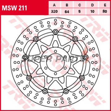 Спирачен диск -TRW- MSW211, 320mm, Aprilia RS, RSV, Tuono, Shiver, Dorsoduro, Benelli TnT, Tornado, Ducati Monster, 748/916/996, SS, ST, KTM Duke, Super Duke, RC8, Moto Guzzi Griso, Breva, Norge, V11, Yamaha FZR, XJR, TDR