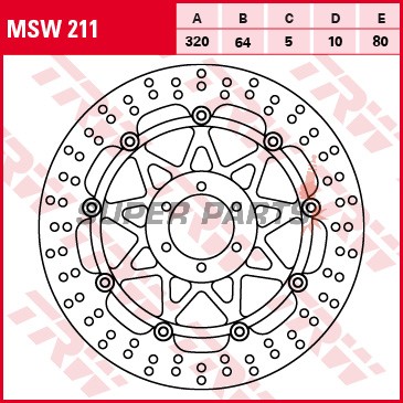 Спирачен диск -TRW- MSW211, 320mm, Aprilia RS, RSV, Tuono, Shiver, Dorsoduro, Benelli TnT, Tornado, Ducati Monster, 748/916/996, SS, ST, KTM Duke, Super Duke, RC8, Moto Guzzi Griso, Breva, Norge, V11, Yamaha FZR, XJR, TDR