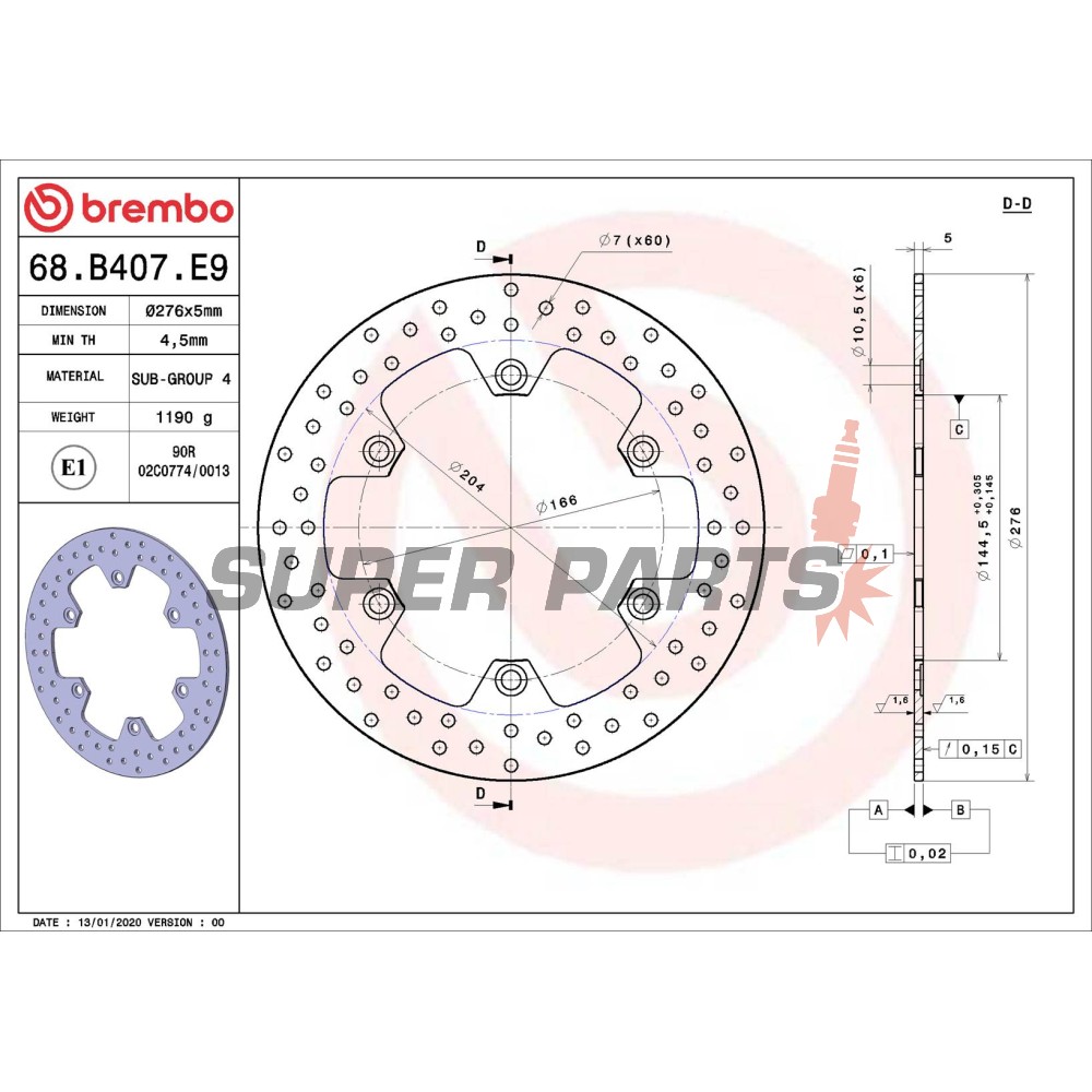 Спирачен диск -BREMBO- 68B407E9, Honda CBR, CBX, Silver Wing, Vigor, Deauville, Pacific Coast, Transalp, VFR + Triumph Tiger 900 (1983-2016)