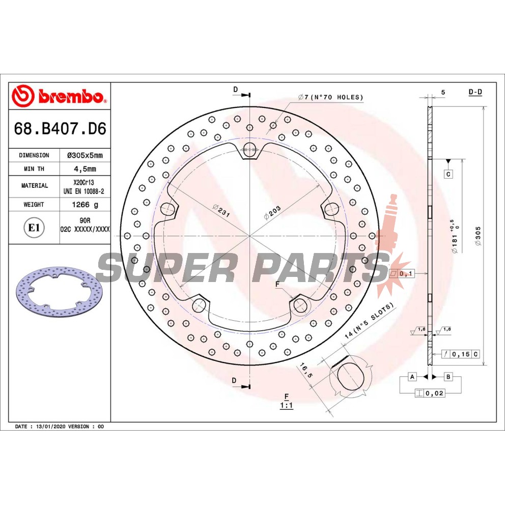 Спирачен диск -BREMBO- 68B407D6, BMW F 800, K 1200, R 850-1200 GS / S / C (1994-2018)