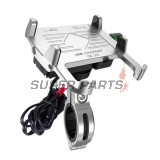 Стойка за телефон -4 RIDE- 62-90mm телефон, с USB 3.0 зарядно, анти-вибрационна, захващане за кормило/огледало, хром - универсална