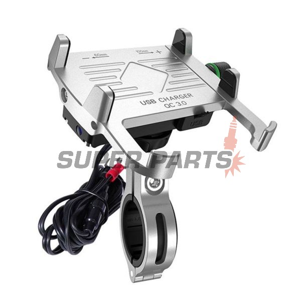 Стойка за телефон -4 RIDE- 62-90mm телефон, с USB 3.0 зарядно, анти-вибрационна, захващане за кормило/огледало, хром - универсална