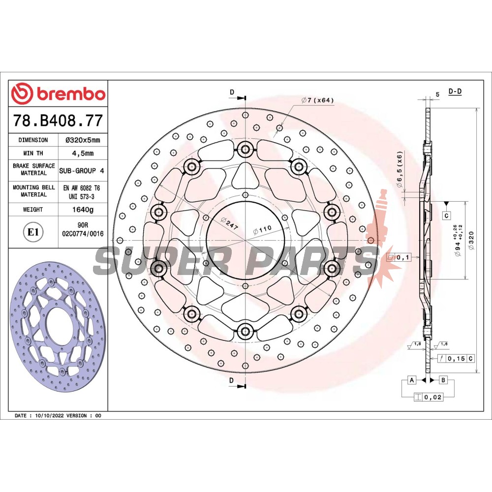 Спирачен диск -BREMBO- 78B40877, Honda CBR1000RR Fireblade / VTR1000 SP1, SP2 Racing (2000-2007)