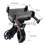 Стойка за телефон -4 RIDE- 62-90mm телефон, с USB 3.0 зарядно, анти-вибрационна, захващане за кормило/огледало, черна - универсална