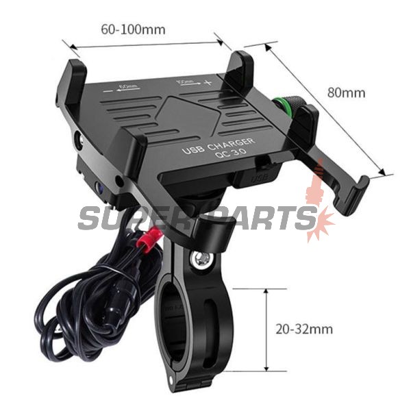 Стойка за телефон -4 RIDE- 62-90mm телефон, с USB 3.0 зарядно, анти-вибрационна, захващане за кормило/огледало, черна - универсална