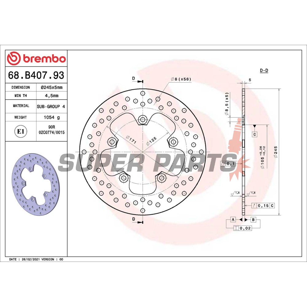 Спирачен диск -BREMBO- 68B40793, Yamaha FZ1 1000 (2006-2012) / FZ6 600 (2004-2010) / FZ8 800 (2009-2012) / MT-03 660 (2006-2012) / XJ6 600 (2009-2012)
