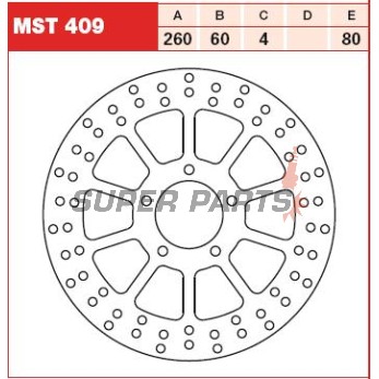 Спирачен диск -TRW- MST409, 260mm, Aprilia Atlantic 500 Sprint (2002-2010), Scarabeo 125/300/400/500 (1999-2012), Sportcity 125/200/250/300 Cube (2004-2013); Derbi Boulevard 125 (2008-2012), Rambla 125/250/300i (2008-2012)