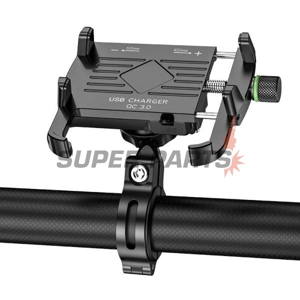 Стойка за телефон -4 RIDE- 62-90mm телефон, с USB 3.0 зарядно, анти-вибрационна, захващане за кормило/огледало, черна - универсална