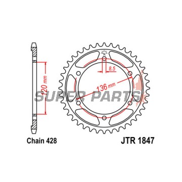 Заден пиньон -JT- JTR1847,55, 55 зъба, стоманен, Yamaha FZR 250 1989, FZR 400 1988-1995, SRX 600 1990-1994, TDR 125 1993-2002, TZR 125 1996-2000, TZR 80 1996, XT 250 2008-2018