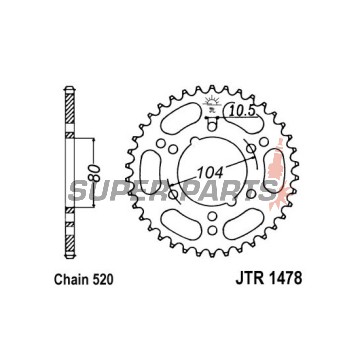 Заден пиньон -JT- JTR1478,42, 42 зъба, стоманен, Kawasaki GPZ 400 1984-1989, 1991-1997, KXT 250 1984-1985, ZX 1000 2013-2019, ZX-10R 1000 2006-2007, ZX-6R 600 1998-2004, ZX-6R 636 2003-2004, ZX-6RR 600 2003-2004, 2006, ZX-7RR 750 1996-1999