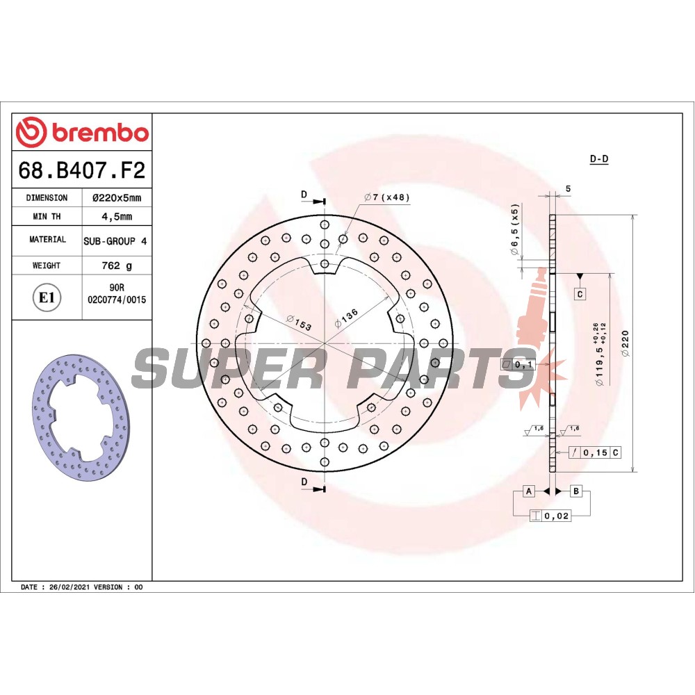 Спирачен диск -BREMBO- 68B407F2, BMW S 1000R / 1000RR / HP4 (2009-2015)