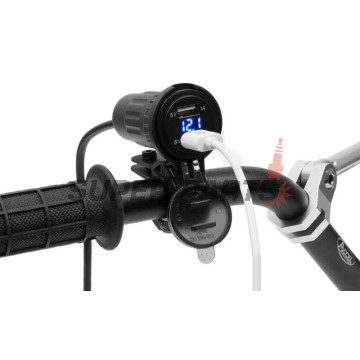 USB адаптер -4 RIDE- 12V, 2xUSB (1A + 2.1A), 2 пина, с държач за кормило 22mm - универсален