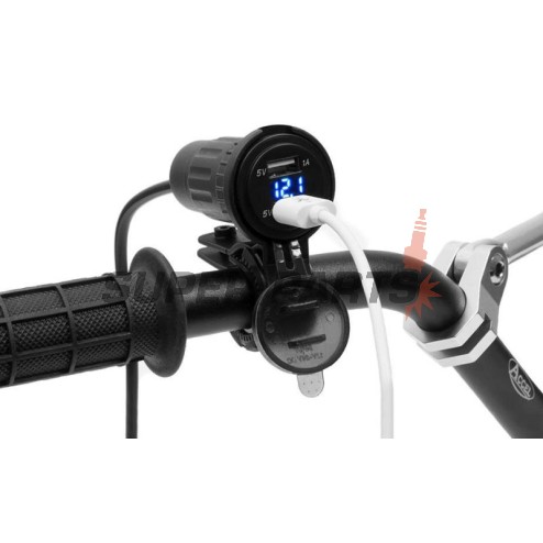 USB адаптер -4 RIDE- 12V, 2xUSB (1A + 2.1A), 2 пина, с държач за кормило 22mm - универсален