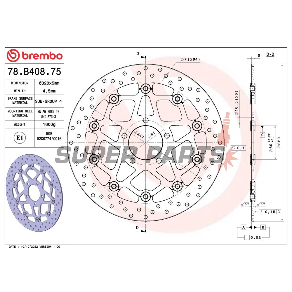 Спирачен диск -BREMBO- 78B40875, Suzuki Hayabusa, GSX-R, GSX 1400, TL 1000 (1996-2007)