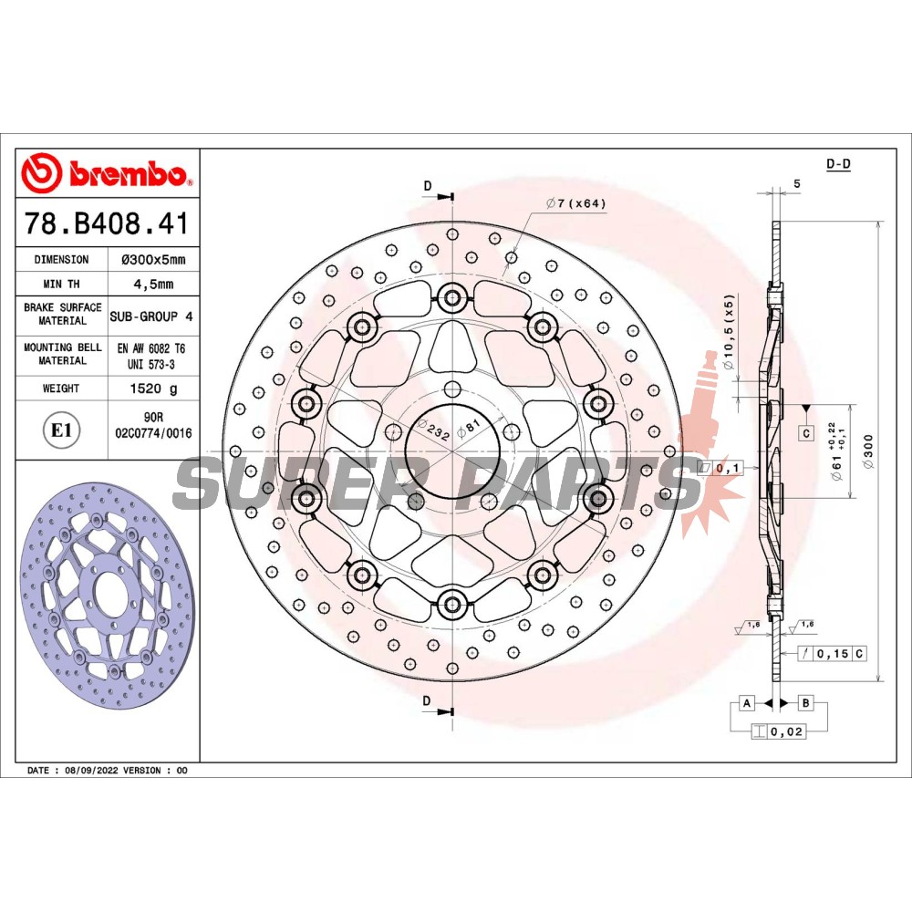 Спирачен диск -BREMBO- 78B40841, Kawasaki GPZ1100, GTR1000, Z750 / Z1000, ZR550 Zephyr, ZR-7 750S, ZX-12R 1200 Ninja, ZX-14R 1400 Ninja, ZX-6R 600 Ninja, ZZR600D / 600E
