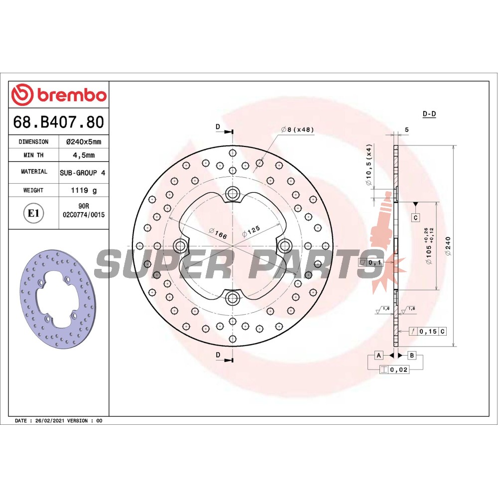 Спирачен диск -BREMBO- 68B40780, Cagiva Gran Canyon 900 (1999-2000)Honda CB / FJS / XL / XRV 250-750 (1991-2011)